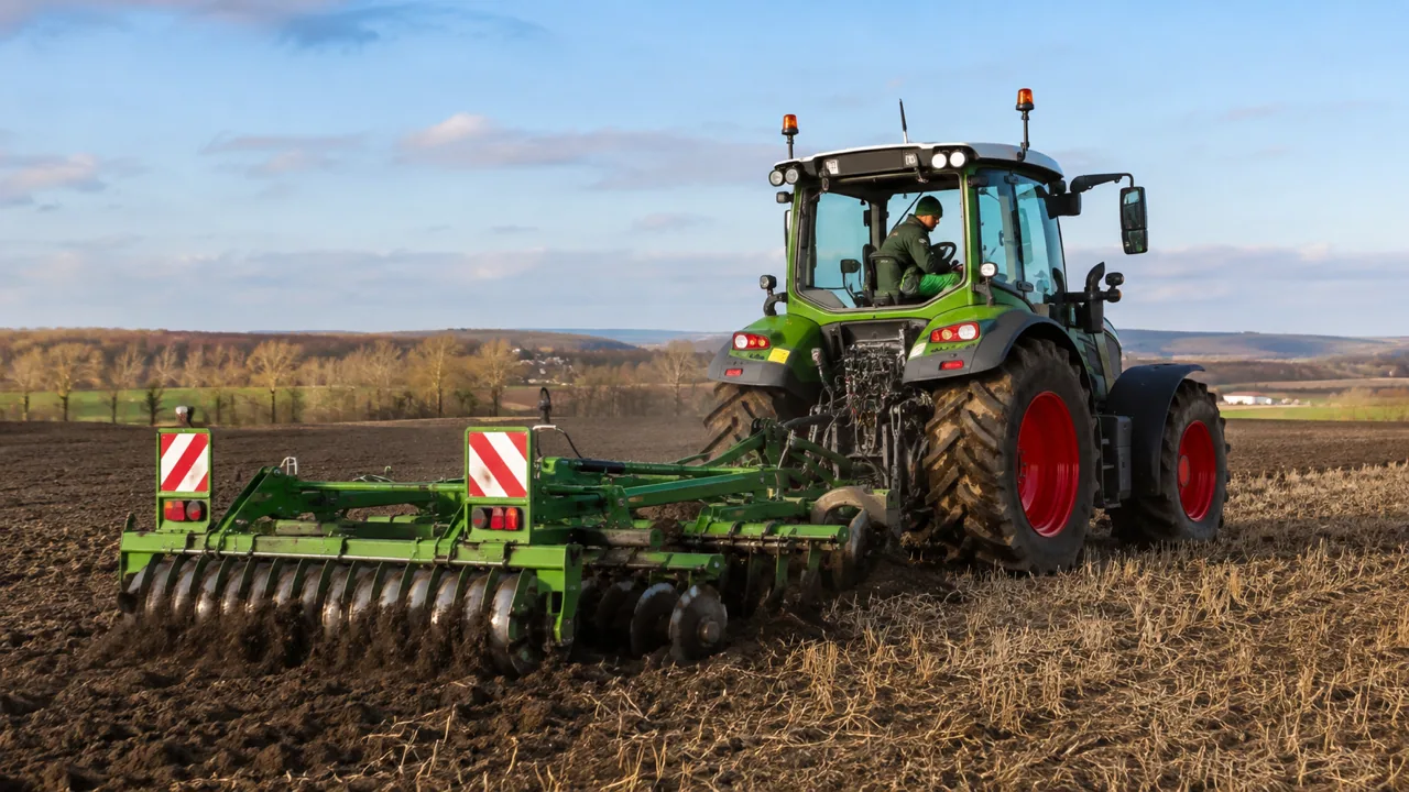 Traktor bei Feldarbeiten mit Bodenbearbeitungsgerät